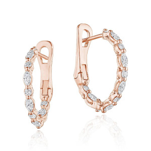 Tacori FE693PK 18 Karat Rose Gold, angled views of the hinged hoop set with alternating marquise and round diamonds