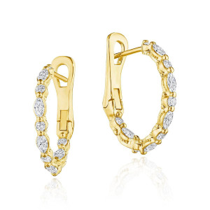Tacori FE693Y 18 Karat Yellow Gold, angled views of the hinged hoop set with alternating marquise and round diamonds