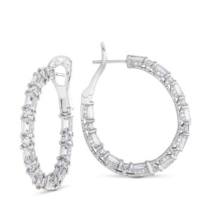 Tacori FE697PLT Platinum, angled pair view of the oval inside-out hoops with baguette and round diamonds and a pave gallery