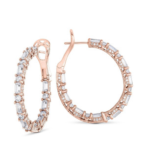 Tacori FE697FPK 14 Karat Rose Gold, angled pair view of the oval inside-out hoops set with alternating baguette and round diamonds