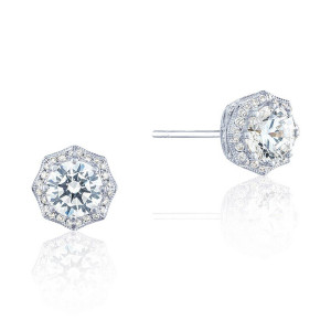 Tacori FE804RD5LDPLT Platinum, angled pair view of the octagonal halo studs with a prong-set round center diamond and pave frame