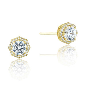 Tacori FE804RD5NDY 18 Karat Yellow Gold, angled pair view of the octagonal halo studs with a round center diamond and milgrain edging