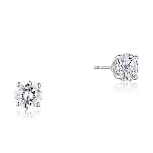 Tacori FE807RD5ND 18 Karat White Gold, face and side views of the four-prong round solitaire stud with a diamond-set crown under the head