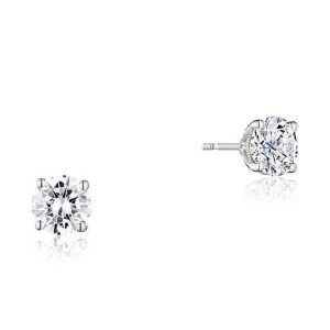 Tacori FE807RD5NDPLT Platinum, face and side views of the four-prong round solitaire stud with a diamond-set crown under the head