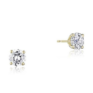Tacori FE807RD65LDY 18 Karat Yellow Gold, pair of round brilliant solitaire studs set in four prong heads over a decorated crown gallery