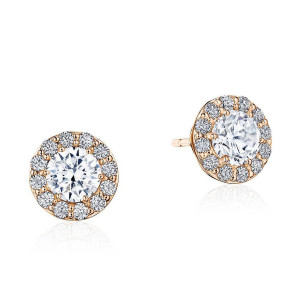 Tacori FE809RD5NDPK 18 Karat Rose Gold, round halo studs with one row of pave framing the round brilliant center, one face up and one turned
