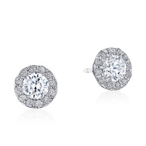 Tacori FE809RD5NDPLT Platinum, round halo studs with one row of pave framing the round brilliant center, one face up and one turned