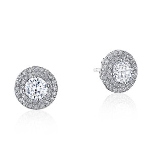 Tacori FE810RD65NDPLT Platinum, round double halo studs with two pave rows circling the round brilliant center, one face up and one turned