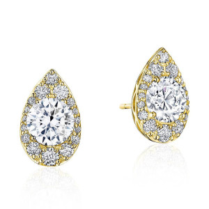 Tacori FE811RDPS5NDY 18 Karat Yellow Gold, front and turned views of the pear-outline pave halo stud with a prong-set round center