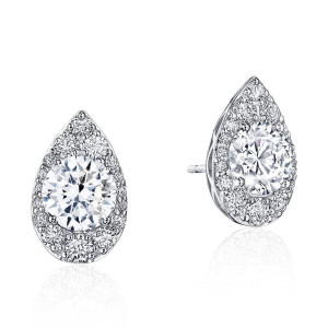 Tacori FE811RDPS65LDPLT Platinum, front and turned views of the pear-outline pave halo stud with a prong-set round center