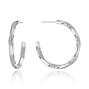 Tacori FE820FW 14 Karat White Gold, angled pair view of the larger open hoops with pave diamond panels