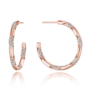 Tacori FE820FPK 14 Karat Rose Gold, angled pair view of the open hoops with pave diamond sections and post backs