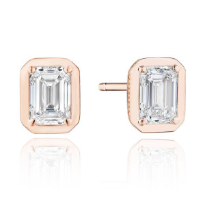 Tacori FE823EC55X4NDPK 18 Karat Rose Gold, angled pair view of the emerald cut diamond studs framed by a polished border
