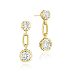 Tacori FE826RDLDY 18 Karat Yellow Gold, pair view of drop earrings with round diamond stud tops, milgrain oval links and larger round diamond drops below