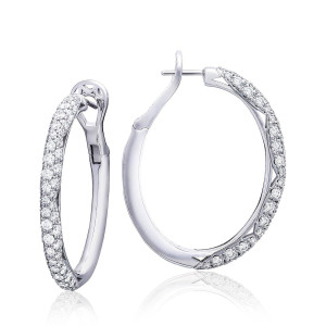 Tacori FE832 18 Karat White Gold, angled pair view of the oval hoop with round diamonds pave set across the full outer face