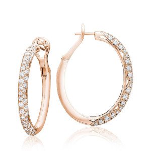 Tacori FE832PK 18 Karat Rose Gold, angled pair view of the oval hoops with a domed pave diamond edge and hinged post closure