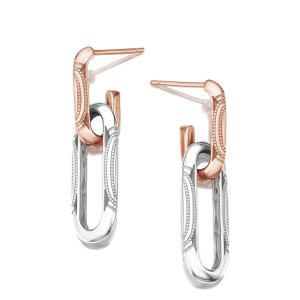 Tacori FE843FPKFW 14 Karat Rose - White Gold, angled pair view of the elongated double links pairing a rose gold upper link with a white gold drop