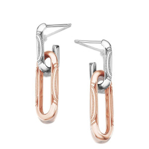 Tacori FE843WPK 18 Karat White - Rose Gold, angled pair view of the double link drops with a white gold top link and milgrain rose gold lower link