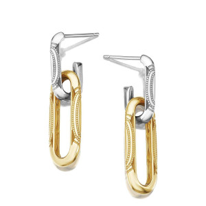 Tacori FE843WY 18 Karat White - Yellow Gold, angled pair view of the double link drops joining a milgrain white gold post link to a yellow gold link