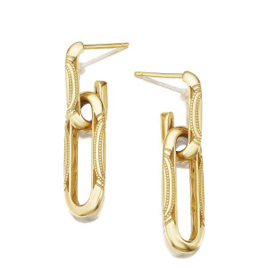 Tacori FE843Y 18 Karat Yellow Gold, angled view of the double link drop with milgrain beading running along each elongated link