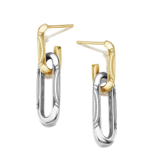 Tacori FE843YW 18 Karat Yellow - White Gold, angled view of the two-tone double link drop, yellow top link joined to a white oval link