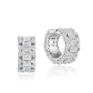 Tacori FE924PLT Platinum, front and angled views of the wide hoop earrings with a column of emerald cut diamonds bordered by marquise and round diamonds