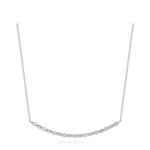Tacori FN69017 18 Karat White Gold, top view of the curved diamond bar necklace with alternating marquise and round stones on a cable chain