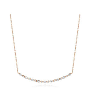 Tacori FN690PK17 18 Karat Rose Gold, top view of the curved diamond bar necklace with alternating marquise and round stones on a cable chain