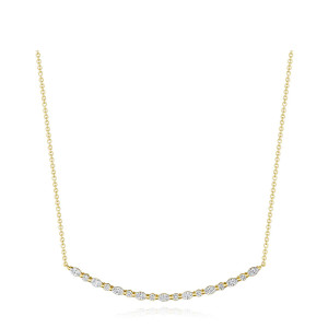 Tacori FN690Y17 18 Karat Yellow Gold, top view of the curved diamond bar necklace with alternating marquise and round stones on a cable chain
