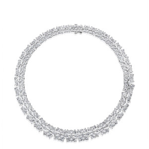 Tacori FN706LDFW17 14 Karat White Gold, top view of the full collar necklace set with clustered pear, marquise and round diamonds