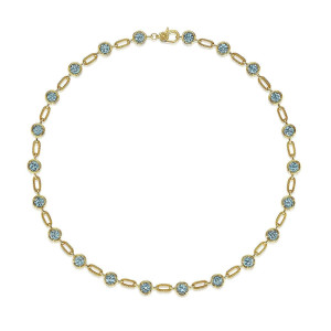 Tacori FN825RD5BTY 18 Karat Yellow Gold, top view of the necklace with round blue topaz stones in bezel rims between milgrain oval links and lobster clasp