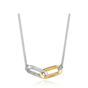 Tacori FN842WY17 18 Karat White - Yellow Gold, top view of the two-tone interlocking double link pendant with milgrain beading on a double cable chain