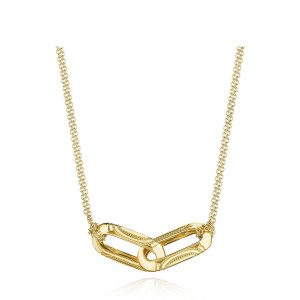 Tacori FN842Y17 18 Karat Yellow Gold, top view of the interlocking double link pendant with milgrain beading on a double cable chain