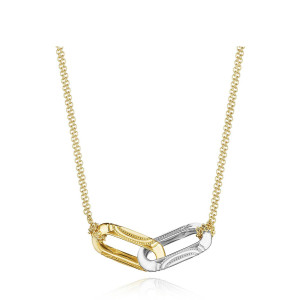 Tacori FN842YW17 18 Karat Yellow - White Gold, top view of the two-tone interlocking double link pendant with milgrain beading on a double cable chain
