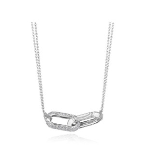 Tacori FN84417 18 Karat White Gold, top view of the interlocking double link pendant with one pave diamond link and one polished milgrain link