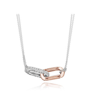 Tacori FN844WPK17 18 Karat White - Rose Gold, angled view of the two-tone interlocking double link pendant with a pave diamond link and a milgrain link