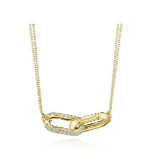 Tacori FN844Y17 18 Karat Yellow Gold, angled view of the interlocking double link pendant with one pave diamond link and one polished milgrain link