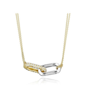 Tacori FN844FYFW17 14 Karat Yellow - White Gold, front view of the two-tone interlocking elongated links with pave on the yellow gold link