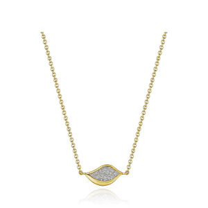 Tacori FN911FY18 14 Karat Yellow Gold, front view of the leaf shaped pendant set with pave diamonds on a round link chain