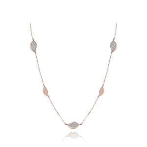 Tacori FN915PK18 18 Karat Rose Gold, full length view of the station necklace with five leaf stations alternating pave diamonds and fluted metal