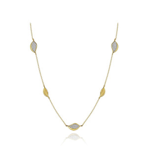 Tacori FN915Y18 18 Karat Yellow Gold, full length view of the station necklace with five leaf stations alternating pave diamonds and fluted metal