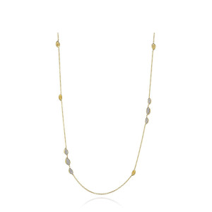 Tacori FN916Y32 18 Karat Yellow Gold, full length view of the long station necklace with ten leaf stations, several set with pave diamonds