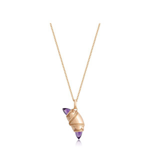 Tacori FN948AMYFPK18 14 Karat Rose Gold, front view of the crescent charm necklace with purple amethyst bullet ends and beaded gold borders