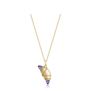 Tacori FN948AMYFY18 14 Karat Yellow Gold, front view of the crescent charm necklace with purple amethyst bullet ends and beaded gold borders