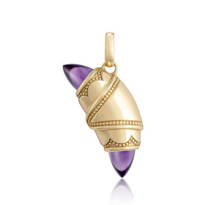 Tacori FN948AMYFY 14 Karat Yellow Gold, angled view of the crescent charm showing the amethyst cabochon tips, beaded bands and hinged bail