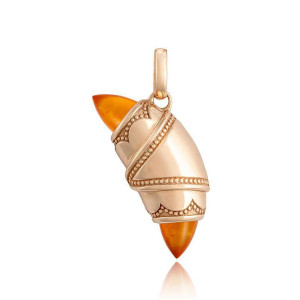 Tacori FN948CARFPK 14 Karat Rose Gold, angled view of the crescent charm showing the orange carnelian cabochon tips, beaded bands and bail