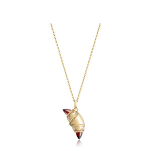 Tacori FN948GARFY18 14 Karat Yellow Gold, angled view of the beaded crescent cookie pendant with red cabochon tips on a cable chain
