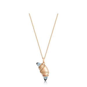 Tacori FN948LBTFPK18 14 Karat Rose Gold, angled view of the beaded crescent cookie pendant with blue cabochon tips on a cable chain