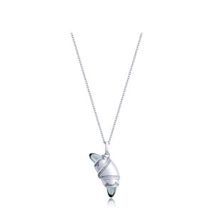 Tacori FN948LBTFW18 14 Karat White Gold, angled view of the beaded crescent cookie pendant with blue cabochon tips on a cable chain