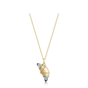 Tacori FN948LBTFY18 14 Karat Yellow Gold, angled view of the beaded crescent cookie pendant with blue cabochon tips on a cable chain